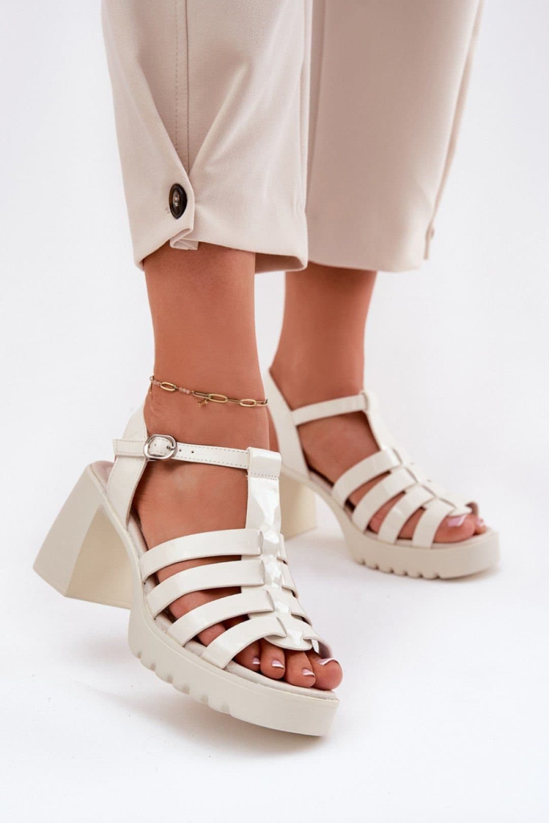 Love Lace Love Lace Beige Patent Platform Heel Sandals