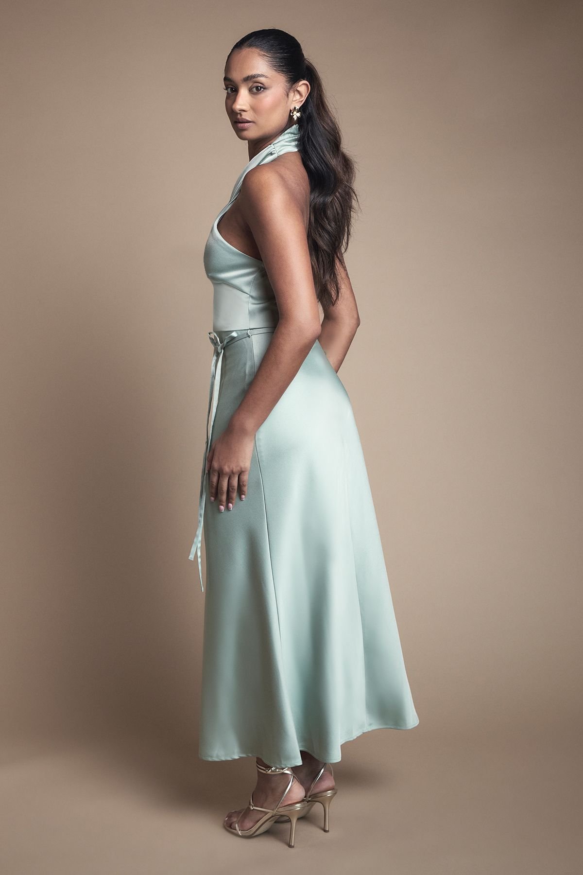 Oasis Oasis Women's Cross Front Halterneck Bridesmaid Dress in Sage - 3