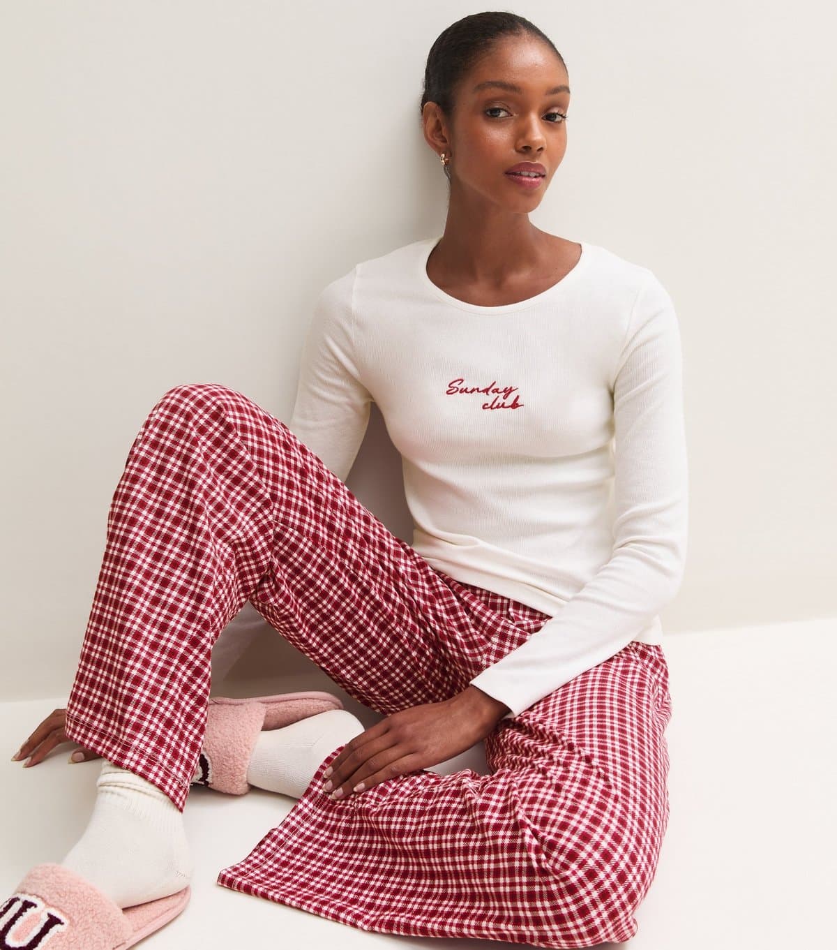 New Look Women's Red Check Cotton Rich Sunday Club Embroidered Long Sleeve Top and Trousers Pyjama Set New Look