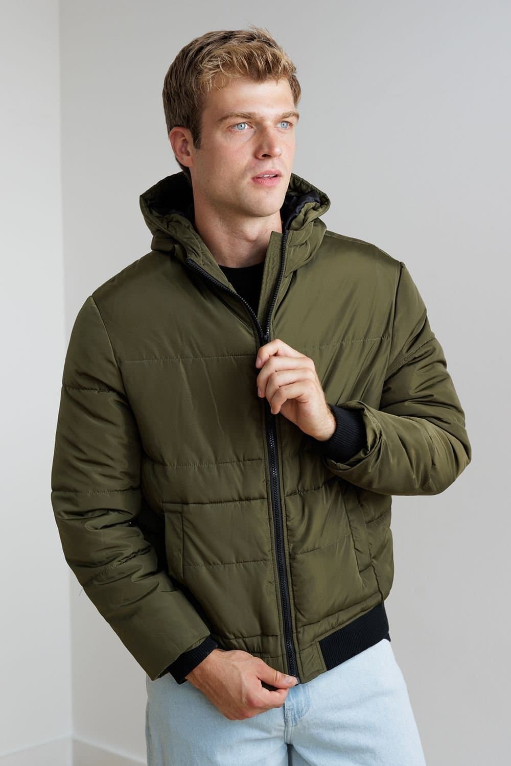 Influence Influence Men's Zip Through Hooded Quilted Bomber Jacket in Khaki