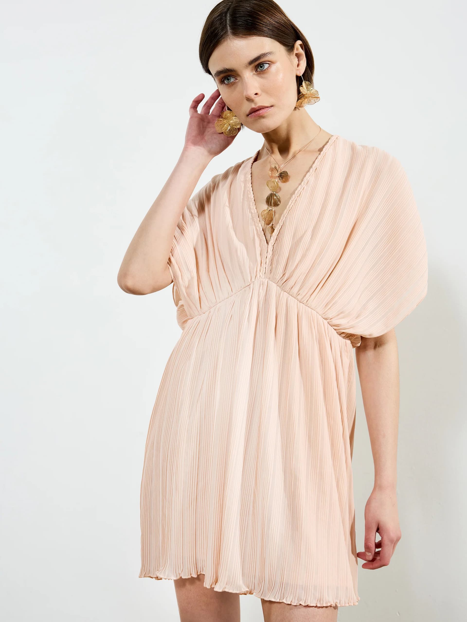 French Connection Chathia Plisse V Neck Mini Dress Ballet Pink
