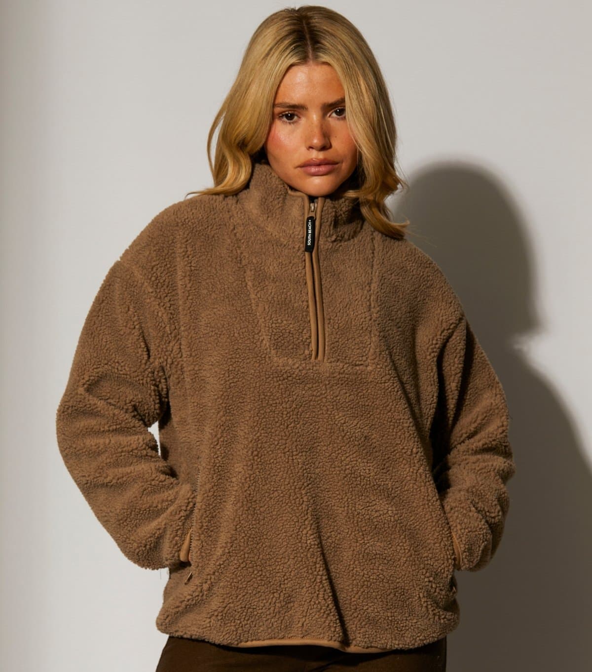 South Beach Women's Light Brown Quarter Zip Borg Jacket South Beach New Look