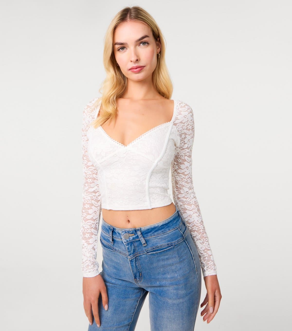 Pink Vanilla Women's White Lace Long Sleeve Corset Style Top Pink Vanilla New Look
