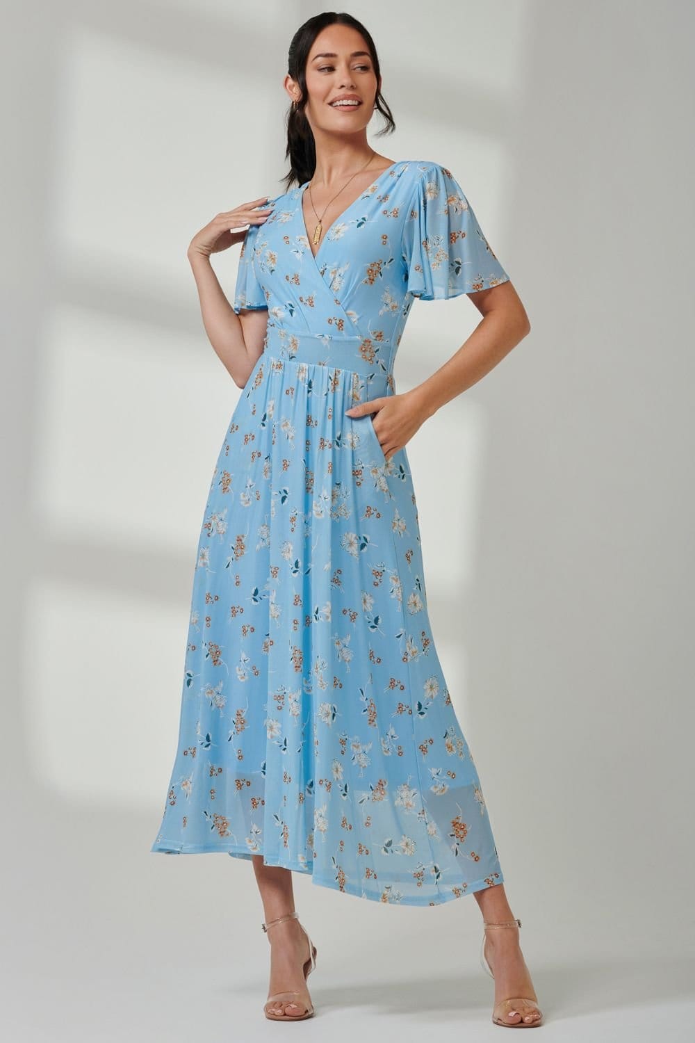 Jolie Moi Blue Floral Wrap Front Mesh Maxi Dress