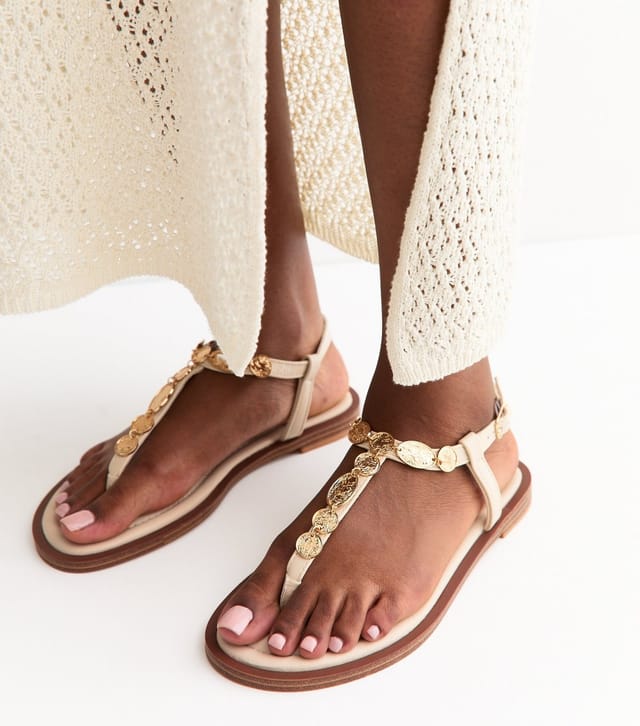 New Look Women's Off White Gold Coin Trim Toe Post Sandals Vegan New Look - 2