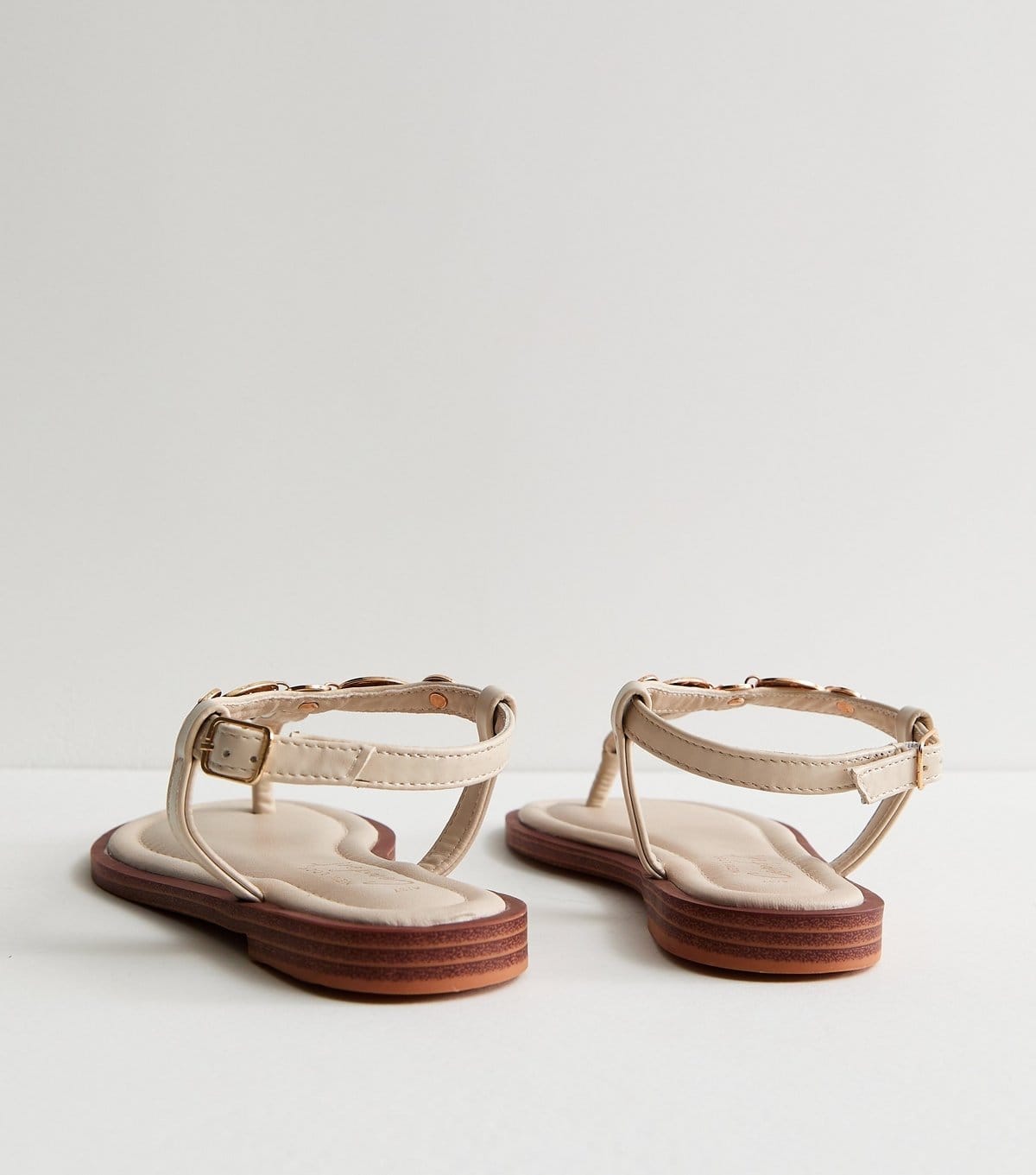 New Look Women's Off White Gold Coin Trim Toe Post Sandals Vegan New Look - 4