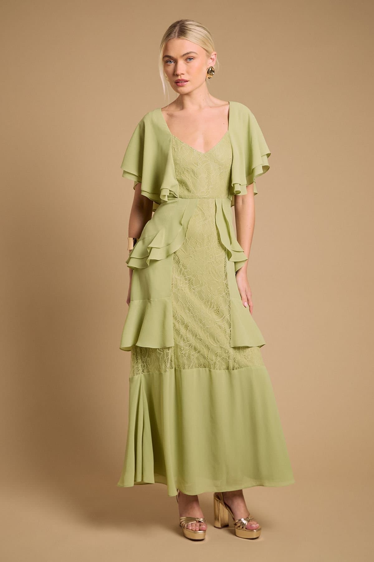 Oasis Oasis Women's Lace Panel Ruffle Maxi Dress in Green