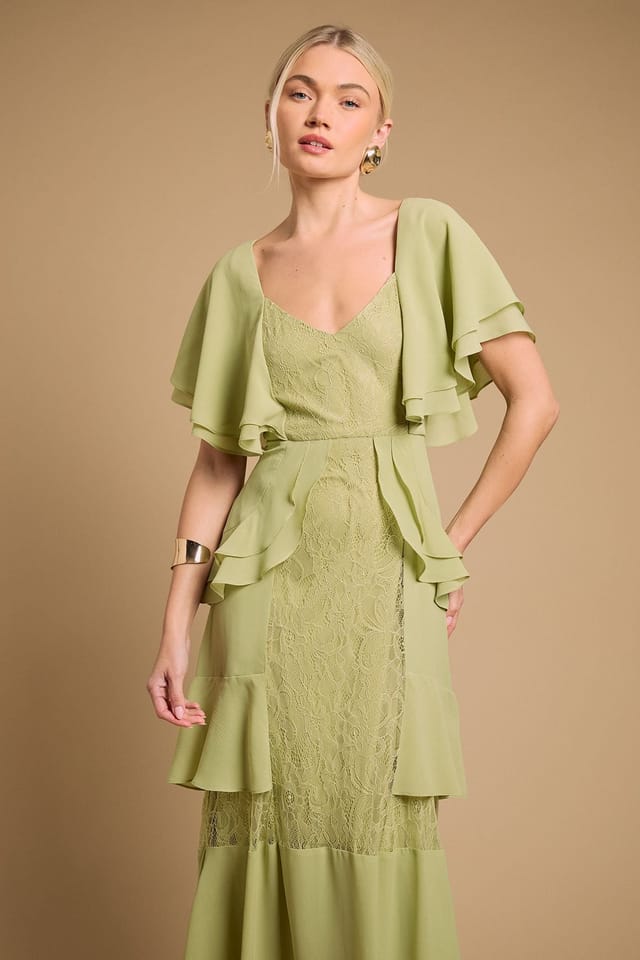 Oasis Oasis Women's Lace Panel Ruffle Maxi Dress in Green - 2