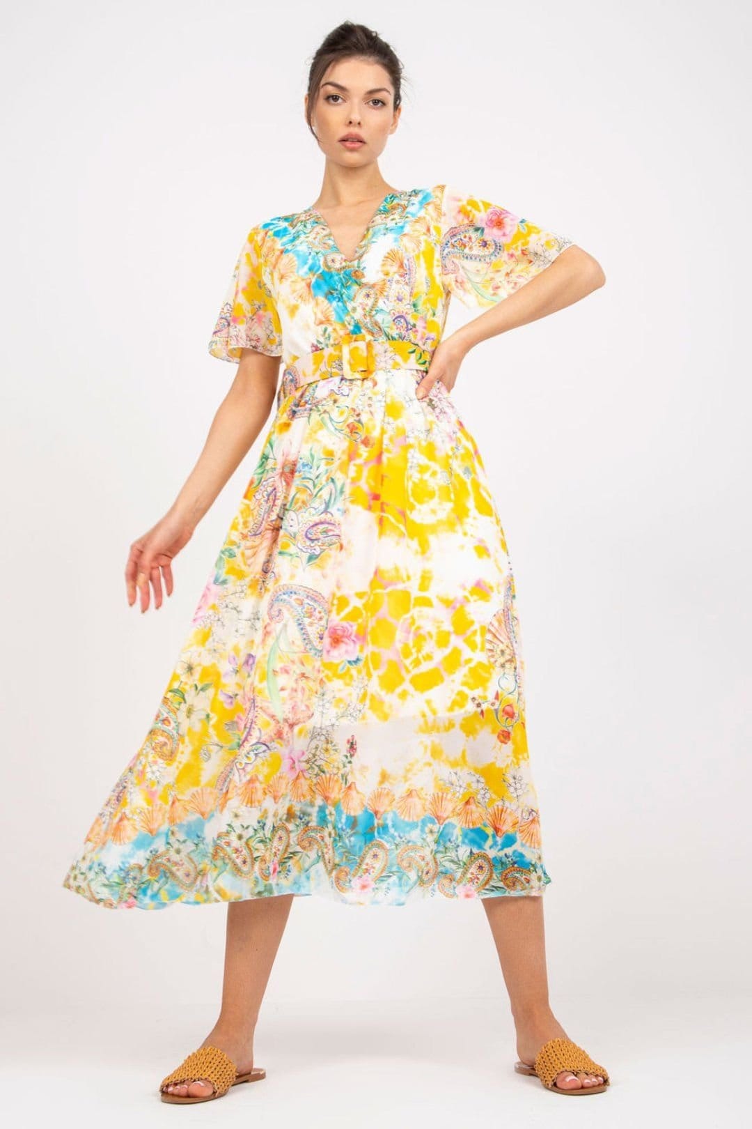 Love Lace Yellow Floral Midi Flared Dress with Belt