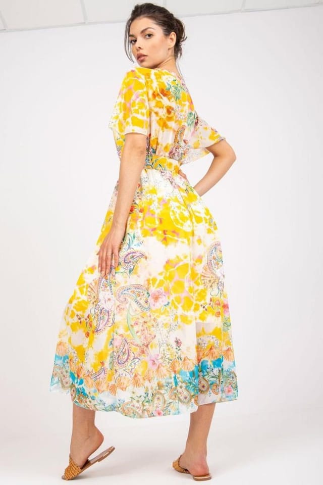 Love Lace Love Lace Women's Midi Flared Heart Neck Dress with Belt in Yellow - 3