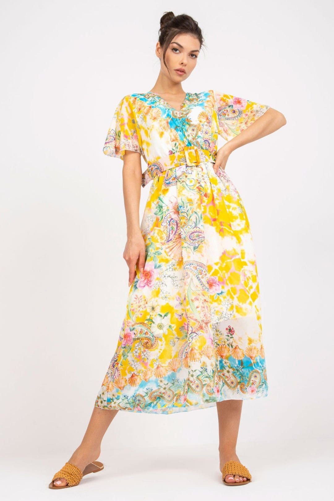 Love Lace Love Lace Women's Midi Flared Heart Neck Dress with Belt in Yellow - 4