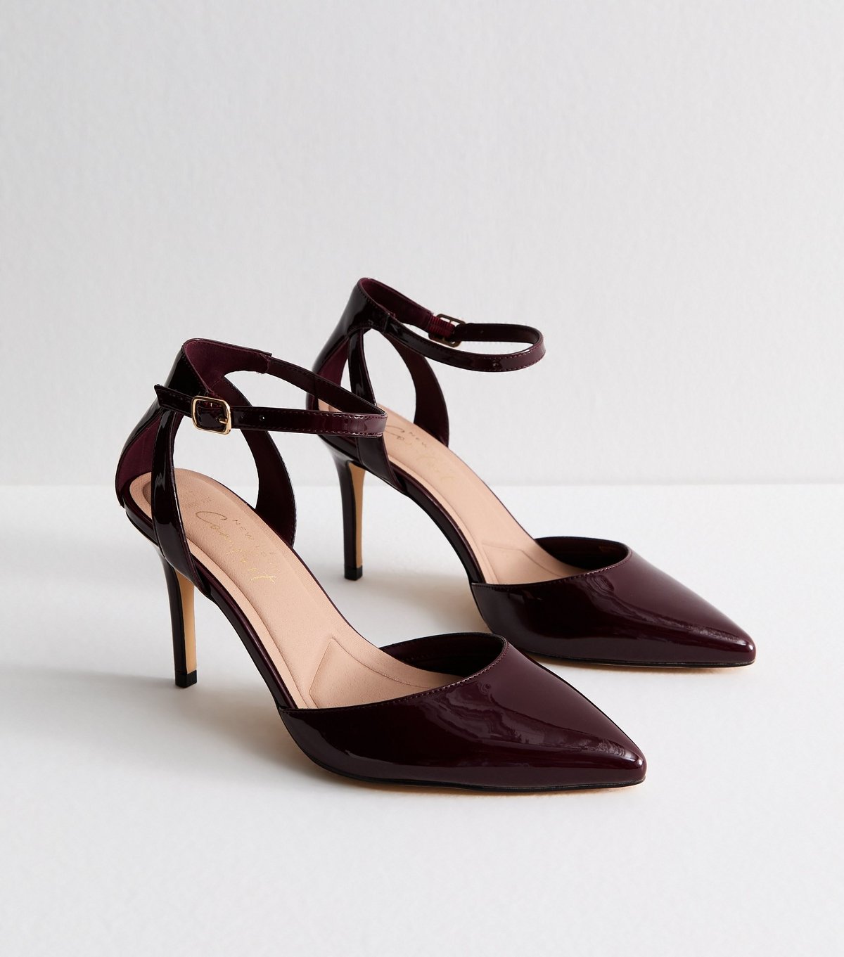 New Look Women's Wide Fit Dark Burgundy Faux Patent Leather Pointed Toe Ankle Strap Pumps Vegan New Look - 3