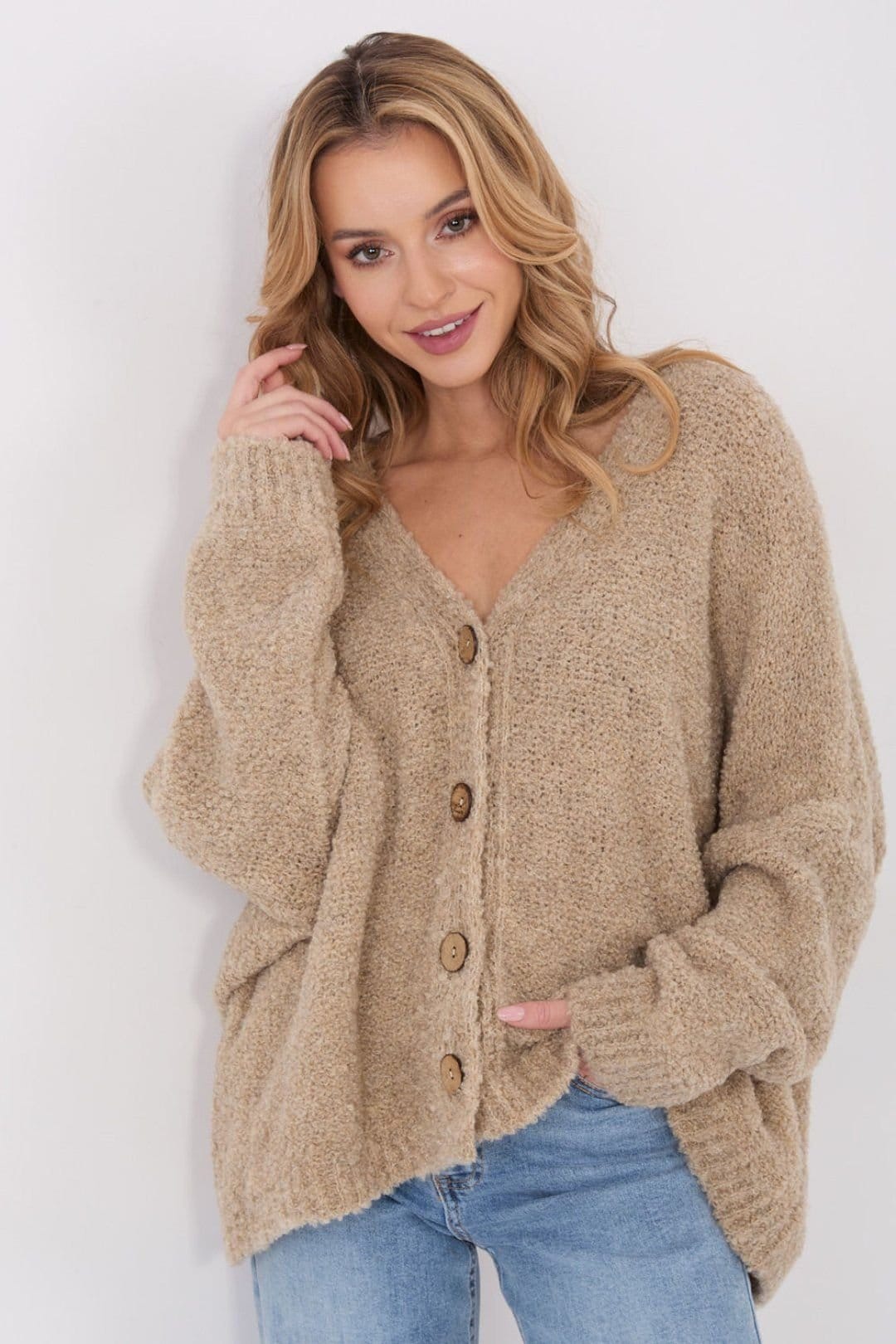 Love Lace Beige V-Neck Button-Up Cardigan Sweater