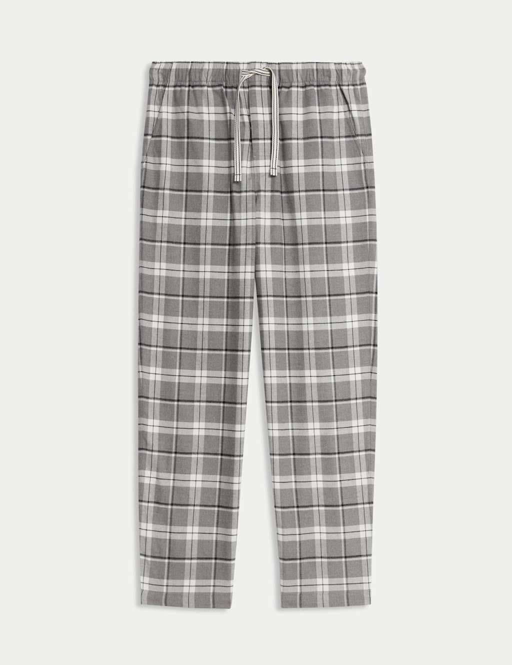 Marks & Spencer M&S Pure Cotton Checked Loungewear Bottoms Grey Mix