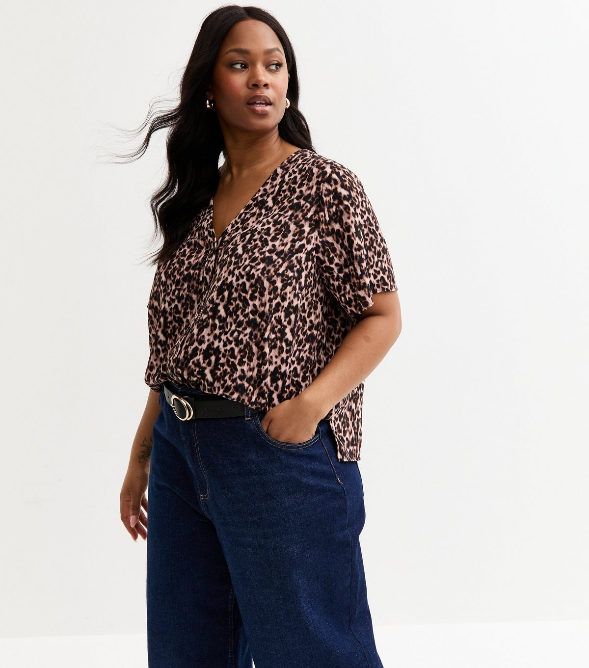 New Look Women's Plus Size Brown Leopard Print Button Up Top Curves New Look - 2