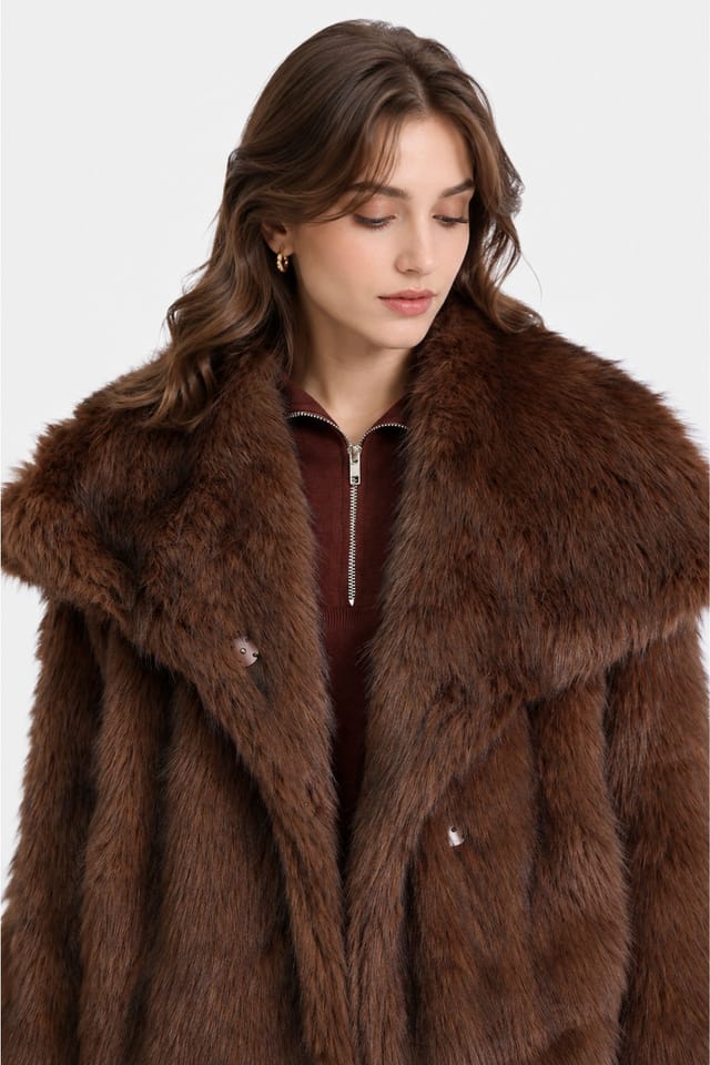 Zafosh Zafosh Women's Faux Fur Jacket - Plush Coat with Buttoned Closure in Dark Brown - 2
