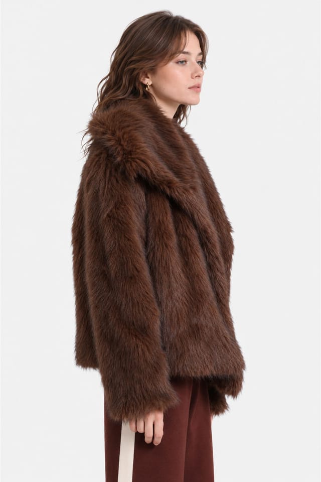 Zafosh Zafosh Women's Faux Fur Jacket - Plush Coat with Buttoned Closure in Dark Brown - 3