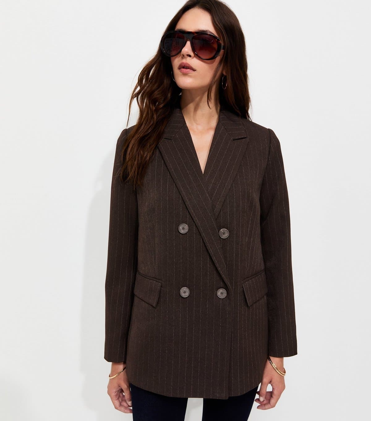 New Look Women's Brown Pinstripe Double Breasted Blazer New Look