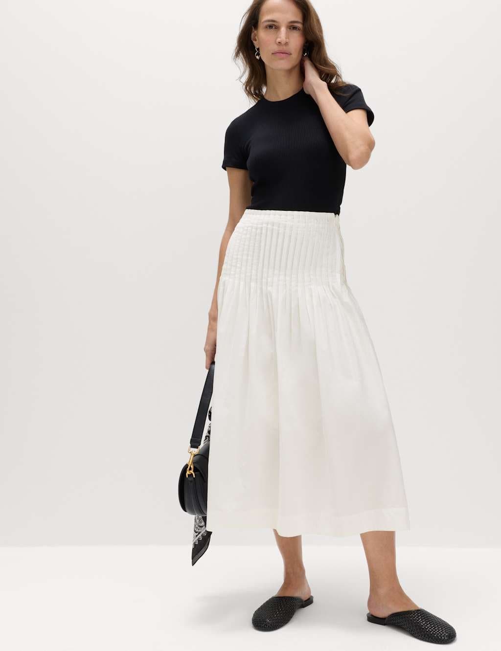 Marks & Spencer M&S Soft White Cotton Pleated Midi A-Line Skirt
