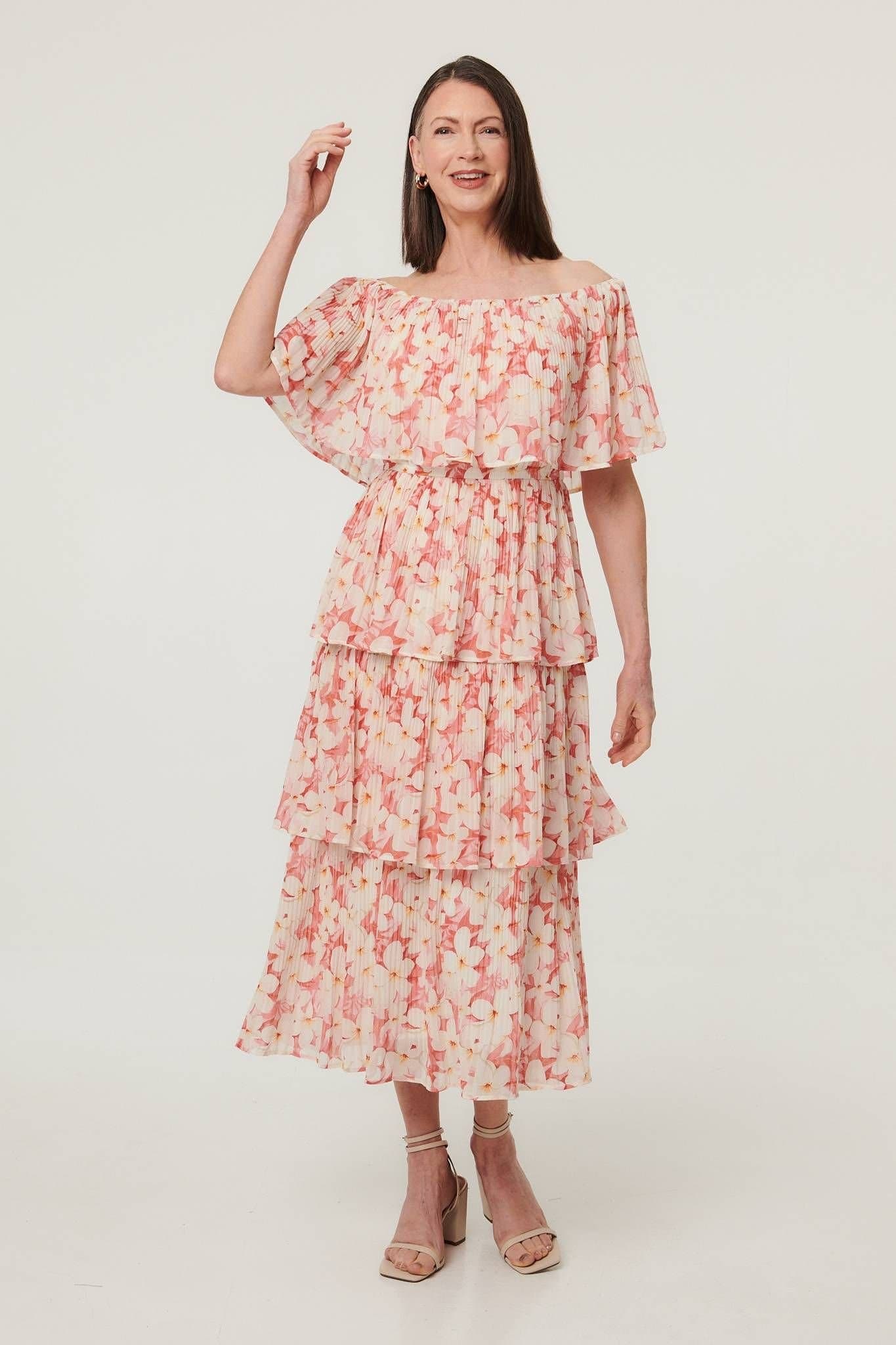 Izabel London Izabel London Women's Floral Texture Tiered Midi Dress in Pink