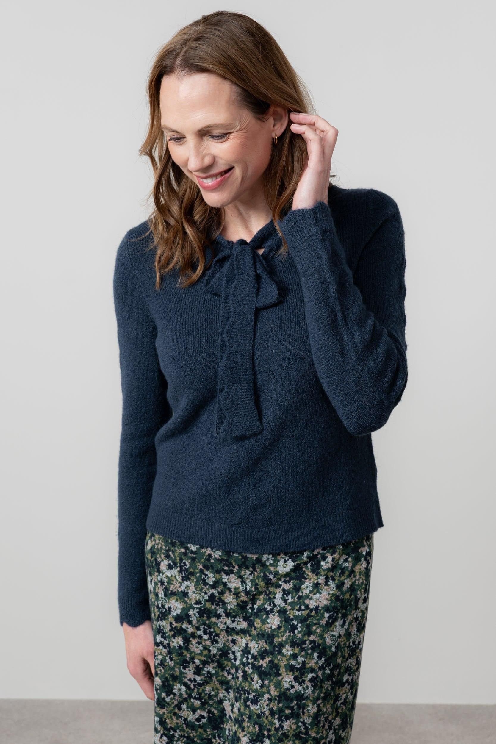 Lily & Me Lily & Me Women's Elise Tie Neck Blended yarn Pointelle Knit Jumper in Navy