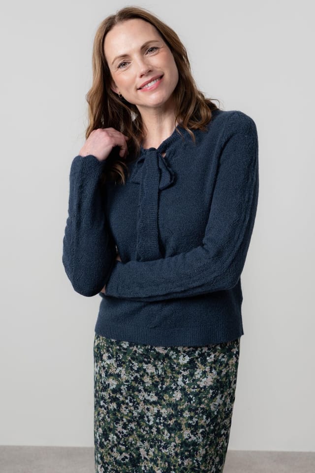 Lily & Me Lily & Me Women's Elise Tie Neck Blended yarn Pointelle Knit Jumper in Navy - 2