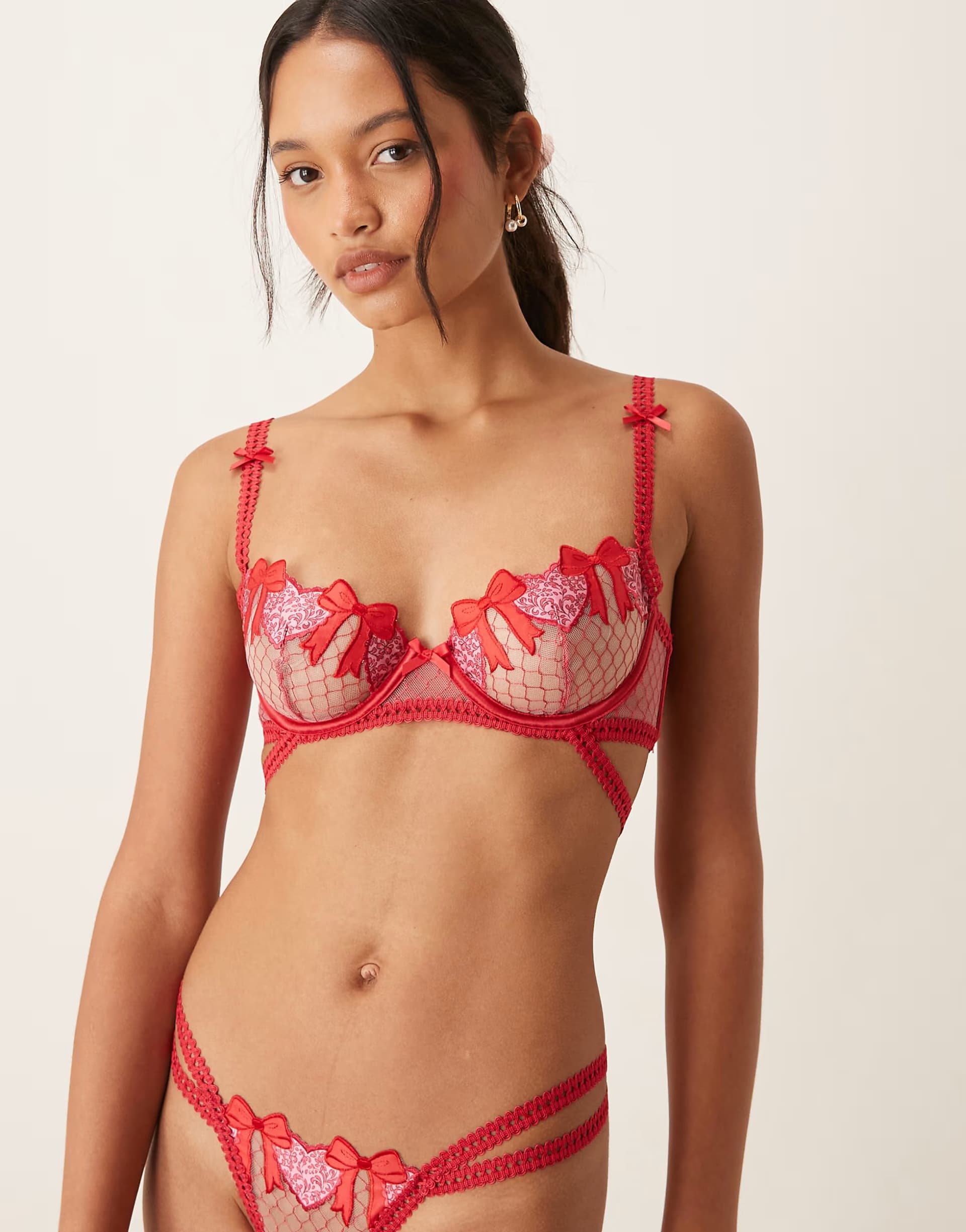 ASOS For Love & Lemons perfect match embroidered satin bow & heart underwire bra co-ord in red