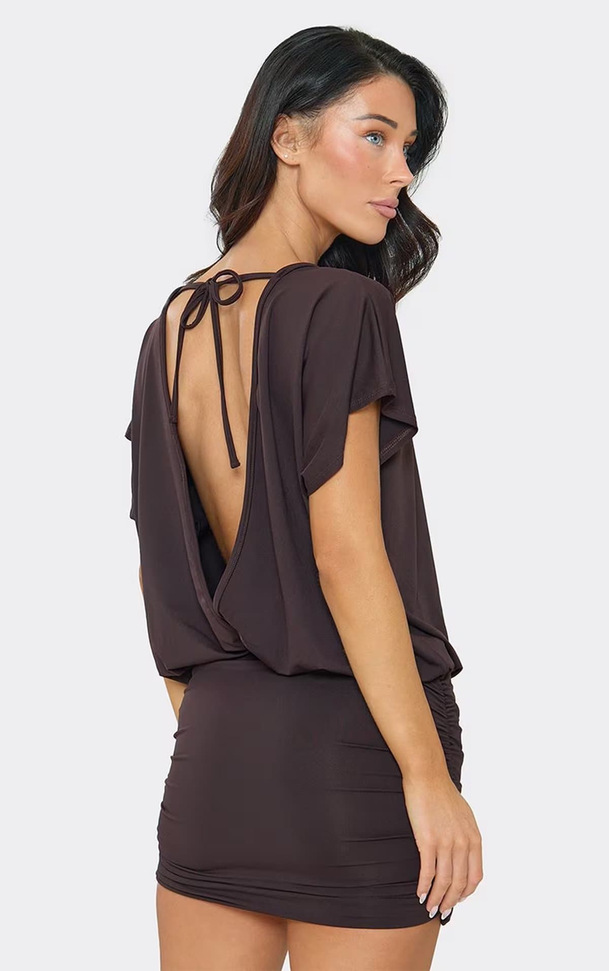 EGO Boat Neck Tie Back Mini Dress In Chocolate Brown, Women's Size UK 6