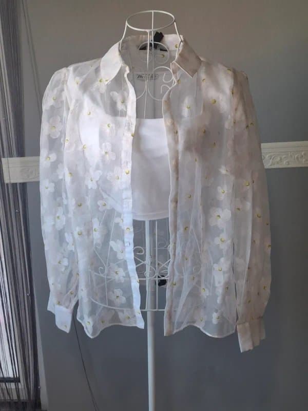 New Look New Look White Chiffon Floral Button-Up Blouse Size 14 Puff Sleeve Romantic Top