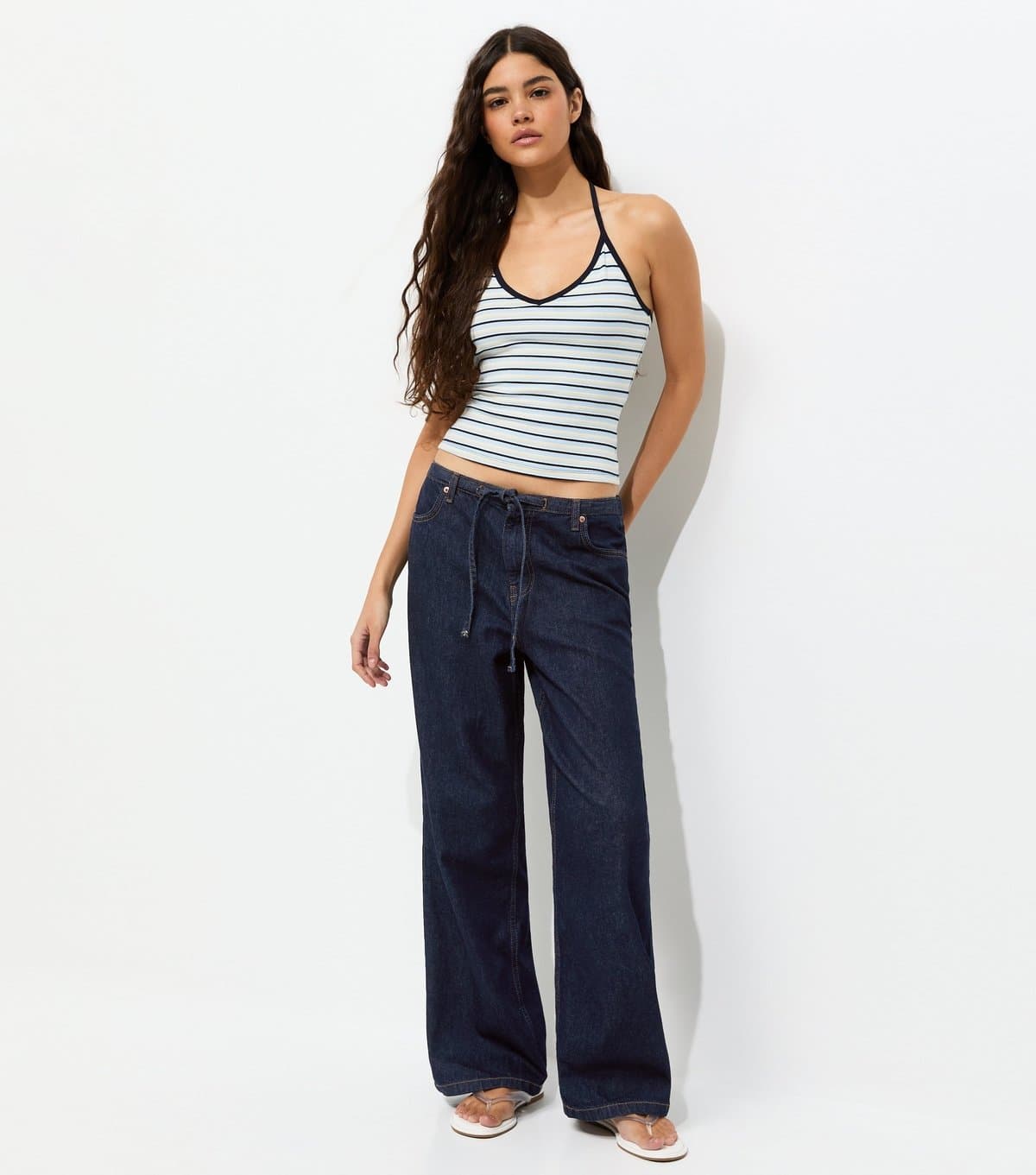 New Look Women's Navy Tie Waist Wide Leg Jeans New Look