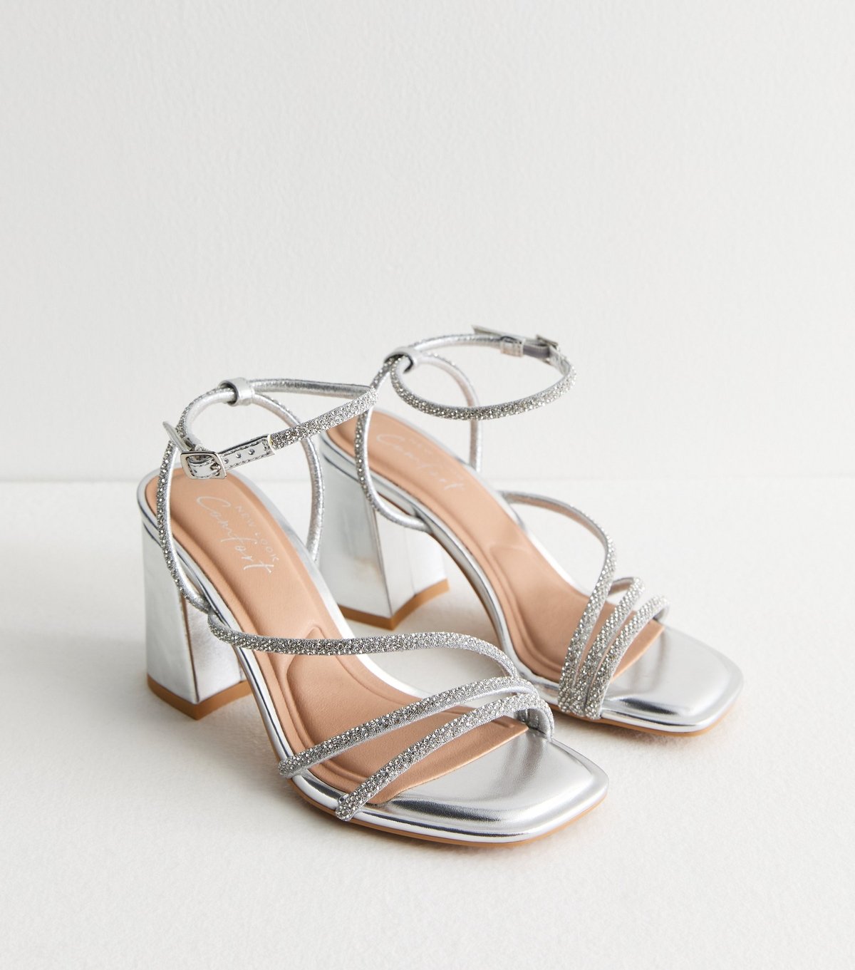 New Look Women's Silver Multi Strap Diamanté Block Heel Sandals Vegan New Look - 3