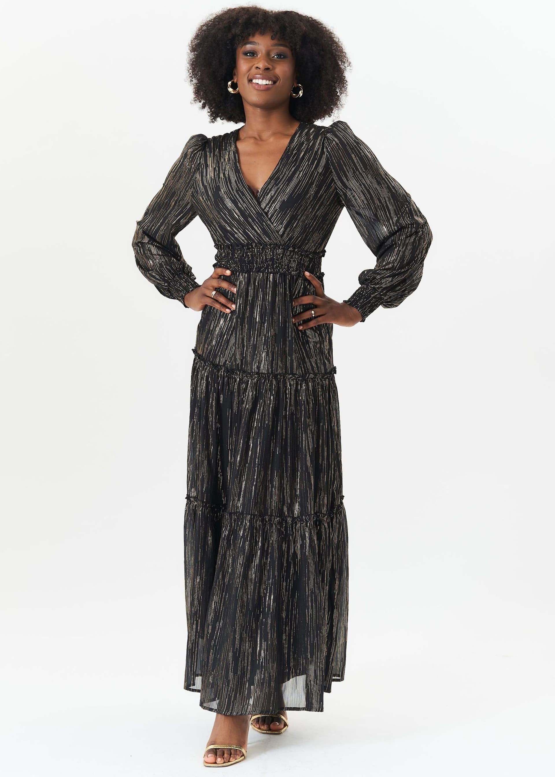 Gini London Gini London Women's Black Sparkle Chiffon Occassion Tiered Maxi Dress