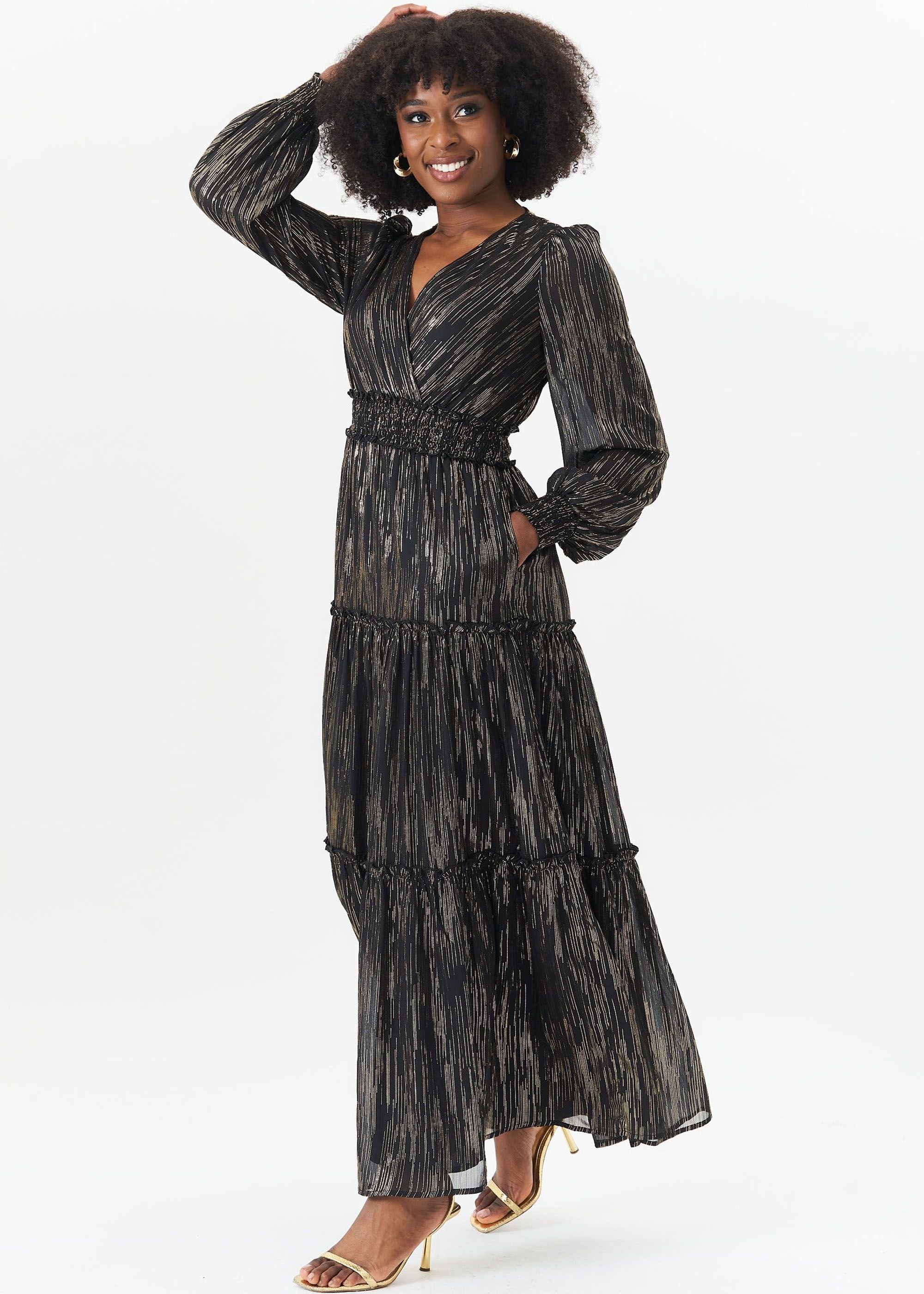 Gini London Gini London Women's Black Sparkle Chiffon Occassion Tiered Maxi Dress - 3