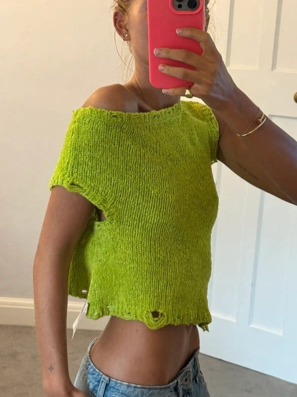 ASOS Design Green knitted distressed off the shoulder top - 1