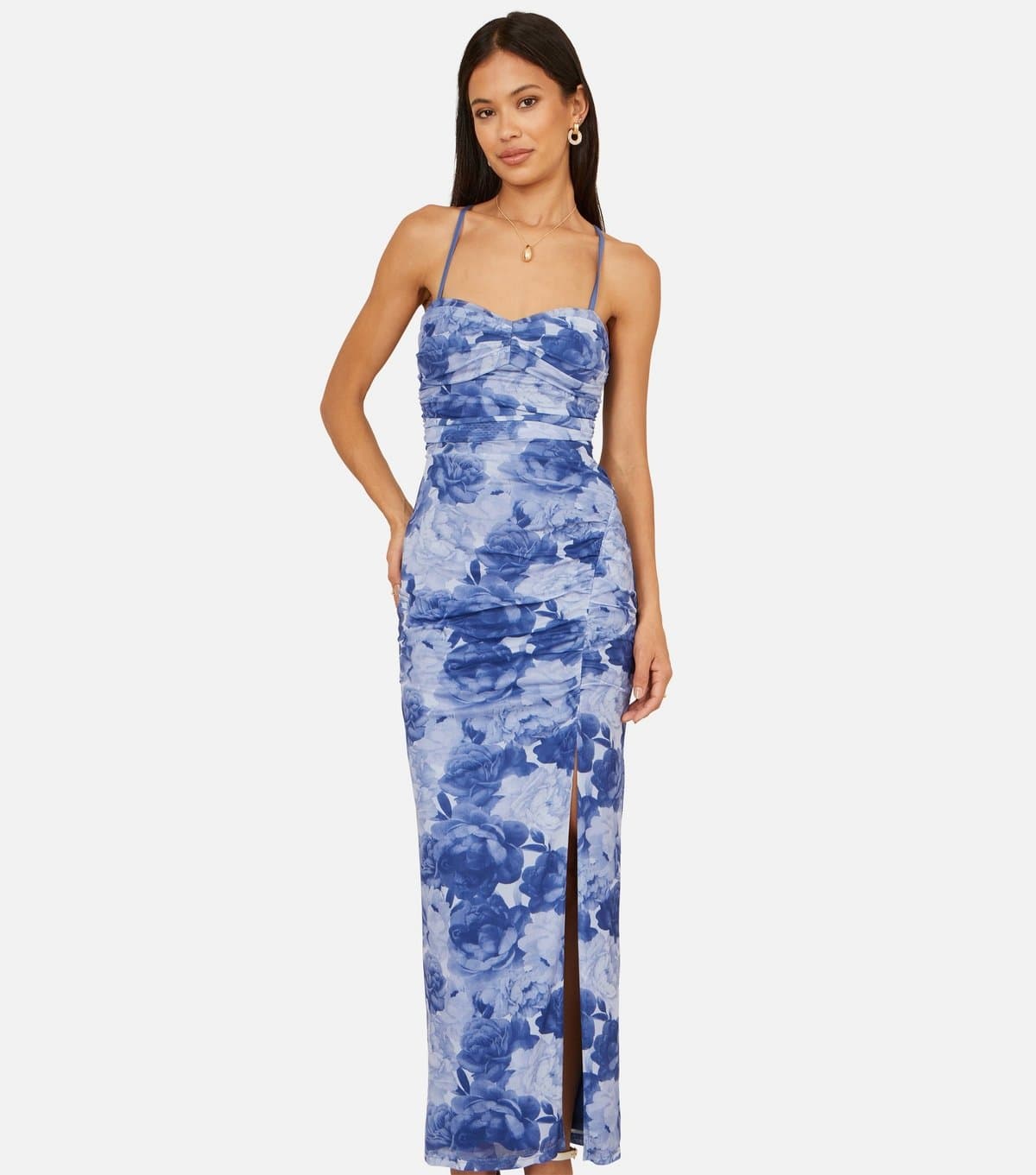 Yumi Women's Blue Mesh Ruched Midi Dress Yumi New Look