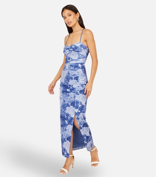 Yumi Women's Blue Mesh Ruched Midi Dress Yumi New Look - 2