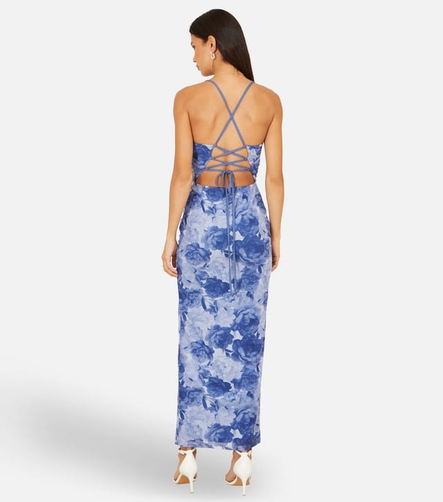 Yumi Women's Blue Mesh Ruched Midi Dress Yumi New Look - 3