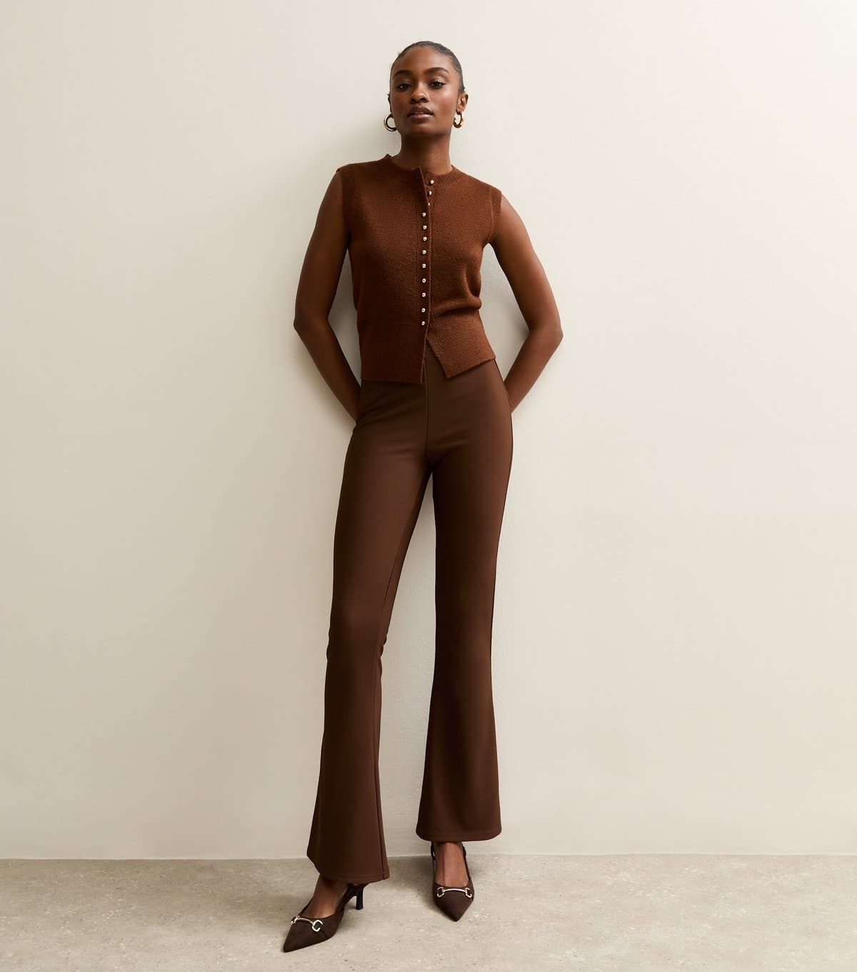 New Look Women's Dark Brown Rib Flared Trousers New Look