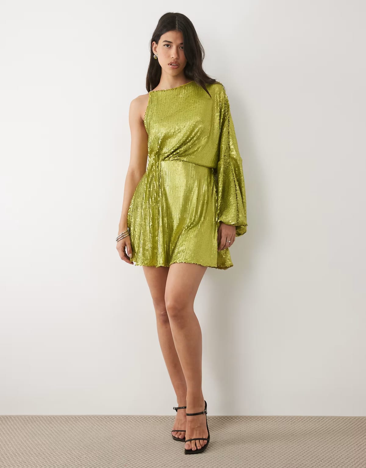 ASOS ASOS DESIGN matte sequin one sleeve draped mini dress in olive green - 1