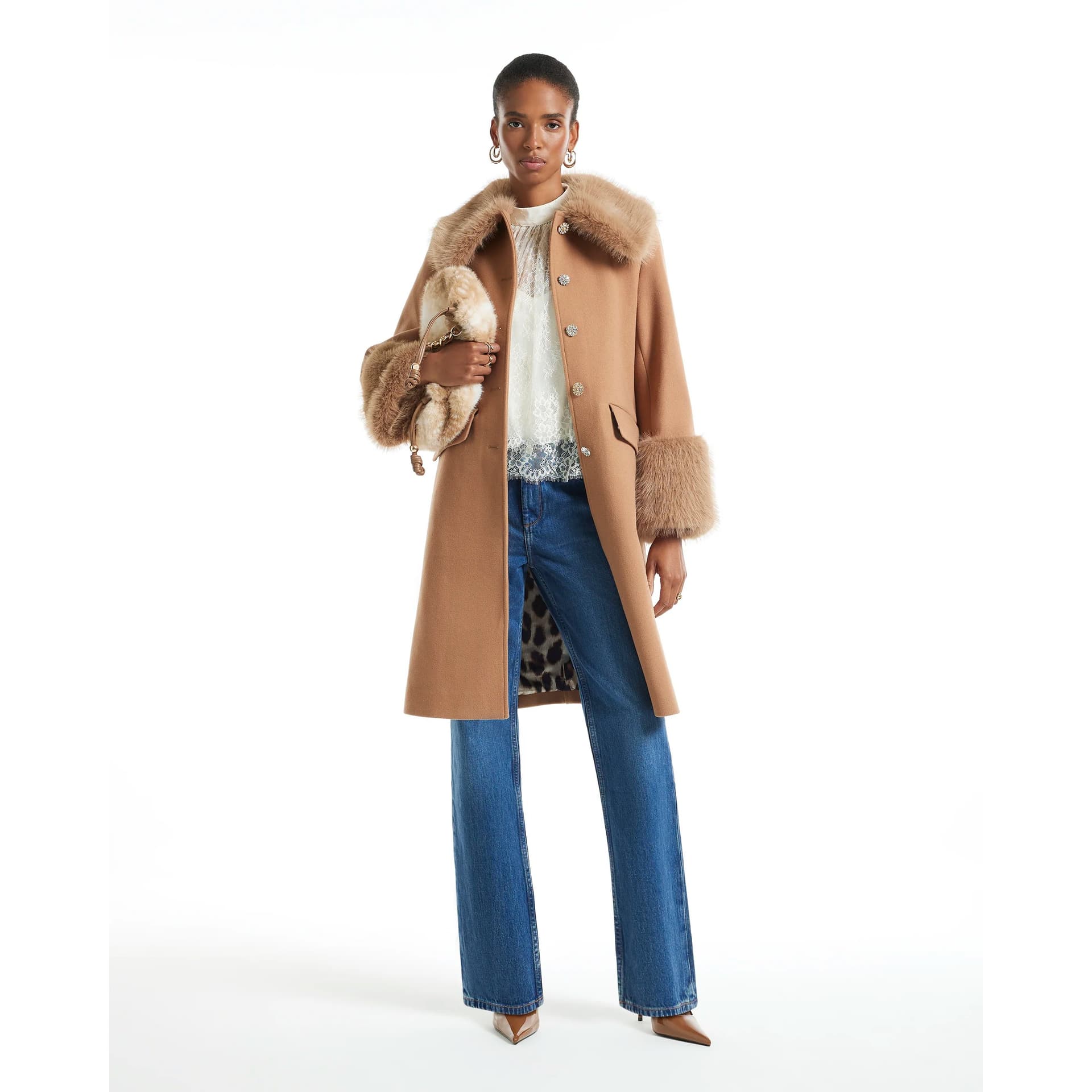River Island River Island Womens Brown Faux Fur Trim Coat
