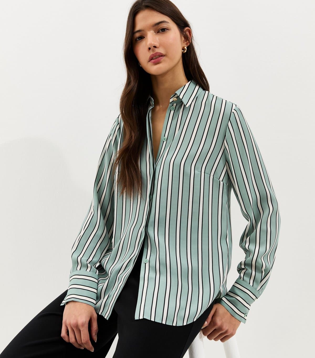 New Look Women's Blue Striped Button Up Shirt New Look