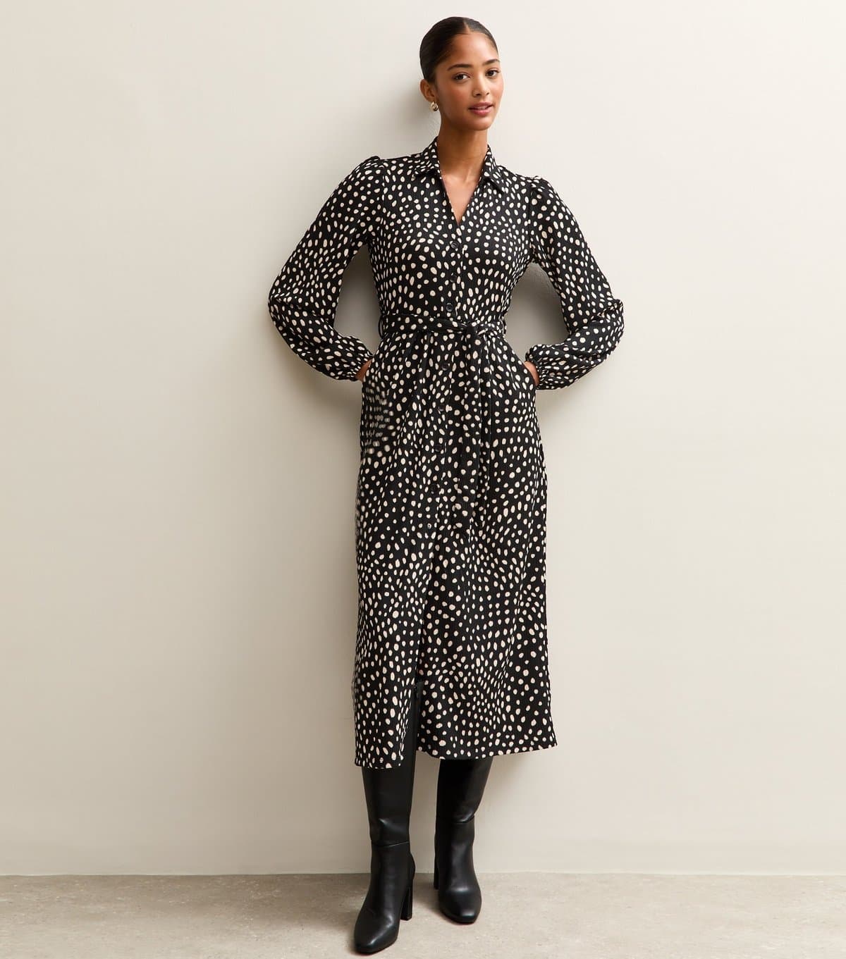 New Look Women's Black Crinkled Spotty Print Shirt Dress New Look