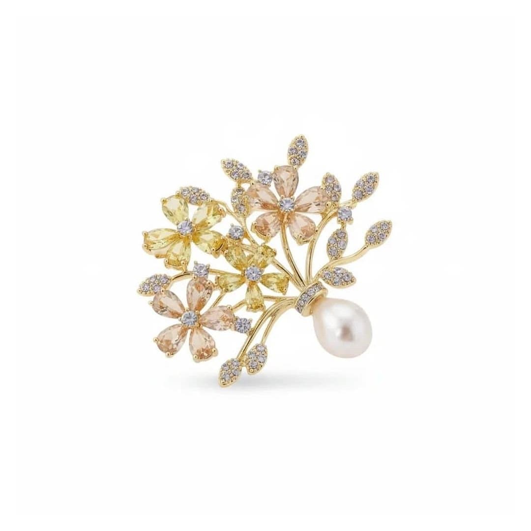 Angel Barocco Angel Barocco Women's Vintage Floral Zircon & Pearl Brooch - Gold