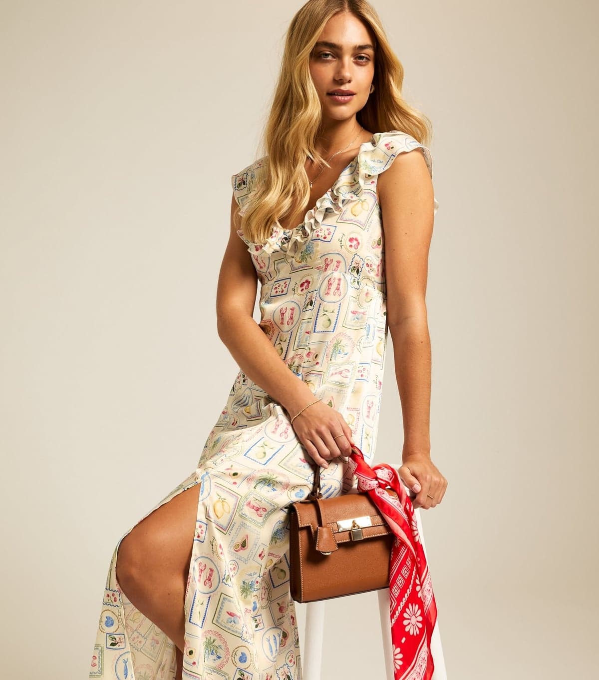 New Look Women's Multicoloured Tile Print Ruffled Satin Midi Dress New Look