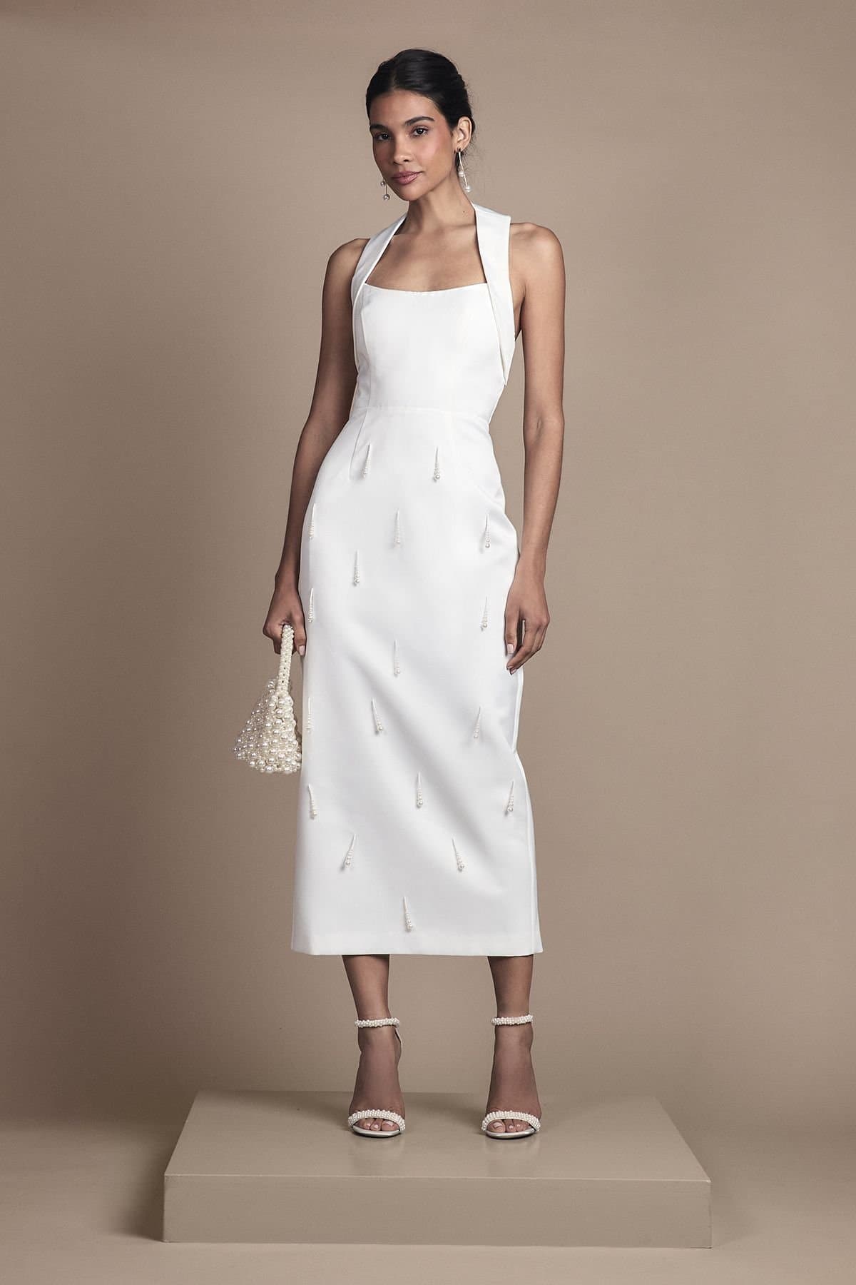 Coast Coast Women's Halter Satin Midi Wedding Dress With Pearl in White