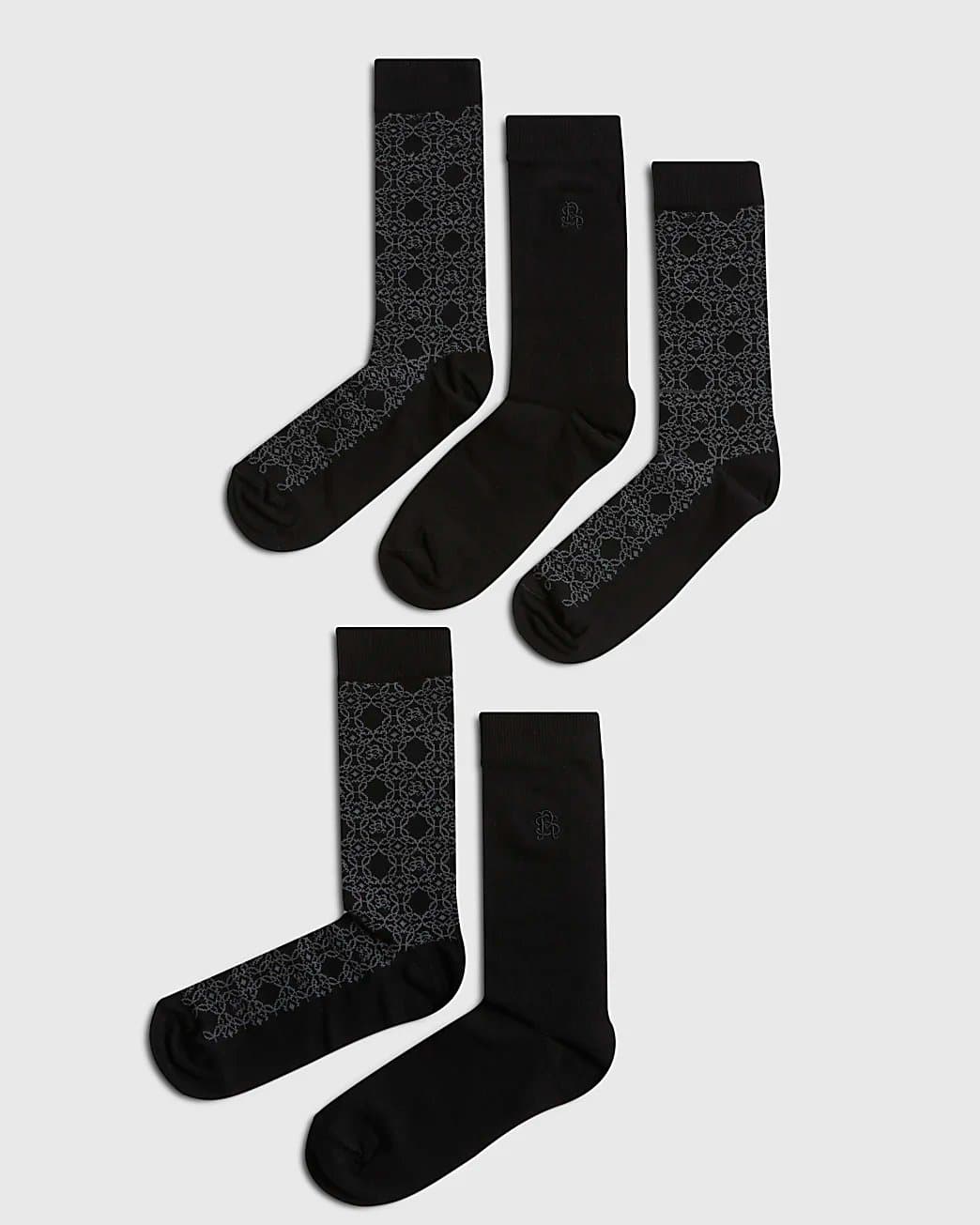 River Island Mens River Island Black Monogram Pack Of 5 Socks
