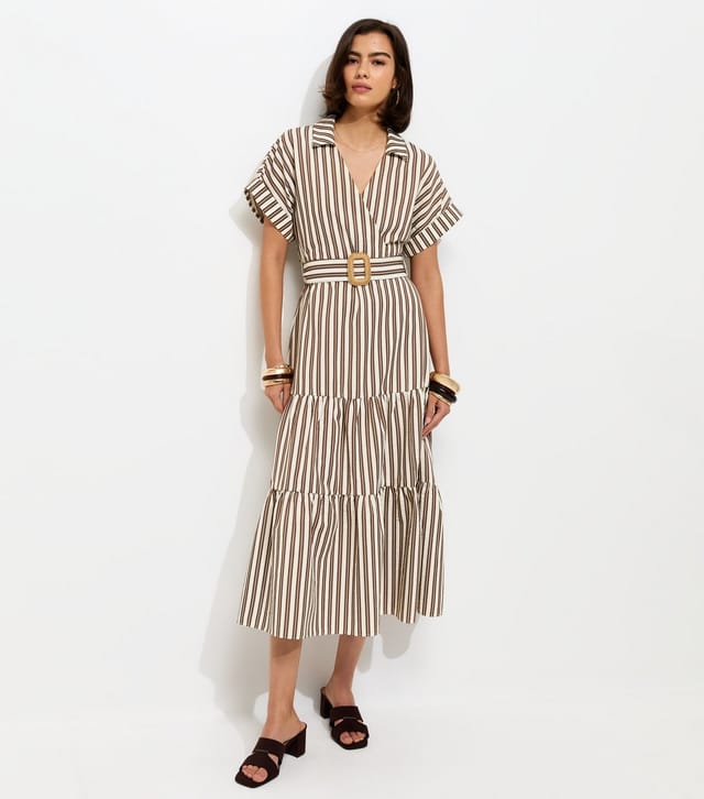 New Look Women's Brown Striped Tiered Wrap Midi Dress New Look - 2