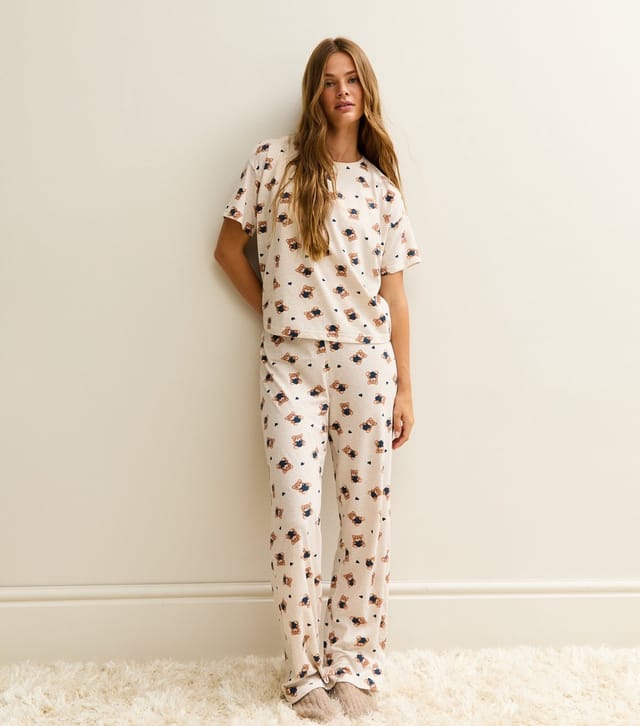 New Look Women's Cream Teddy Pattern Short Sleeve Top and Trouser Pyjama Set New Look - 2