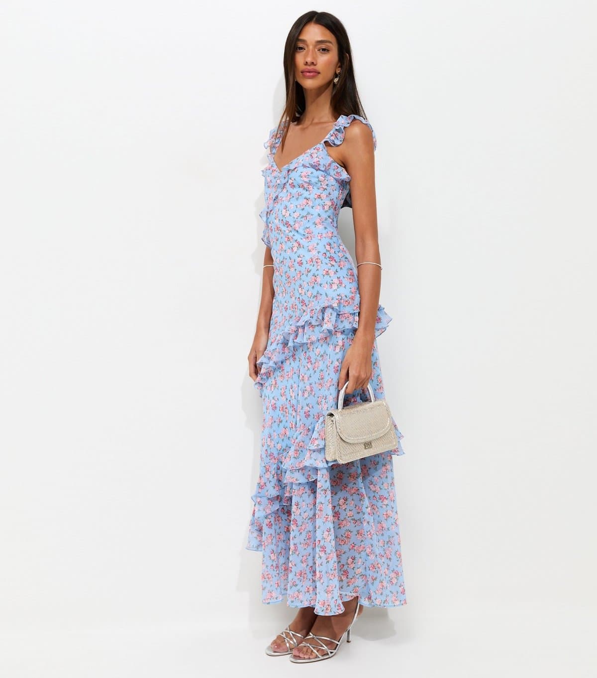 New Look Women's Blue Vintage Rose Print Ruffle Trim Midi Dress New Look