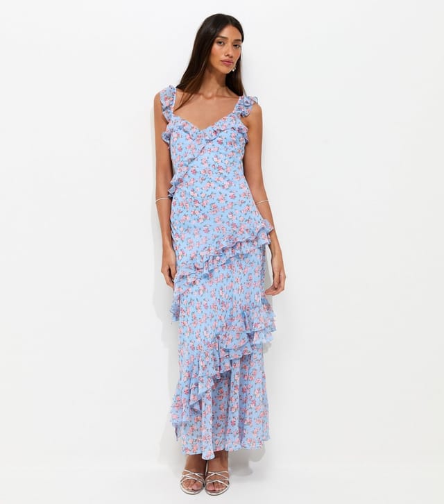 New Look Women's Blue Vintage Rose Print Ruffle Trim Midi Dress New Look - 2